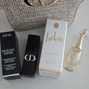 New DIOR duo J'adore Collectible Bottle & NIB Rouge Lipstick 999 Satin Deluxe